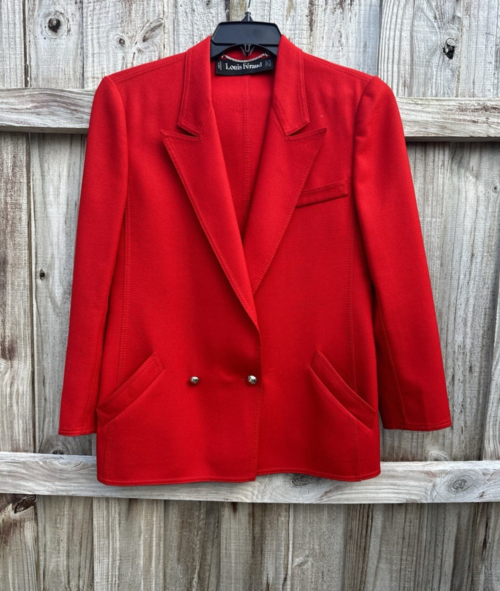VTG Louis Feraud Womens Bold Red Wool Double Breasted Blazer Coat Classic Chic 6